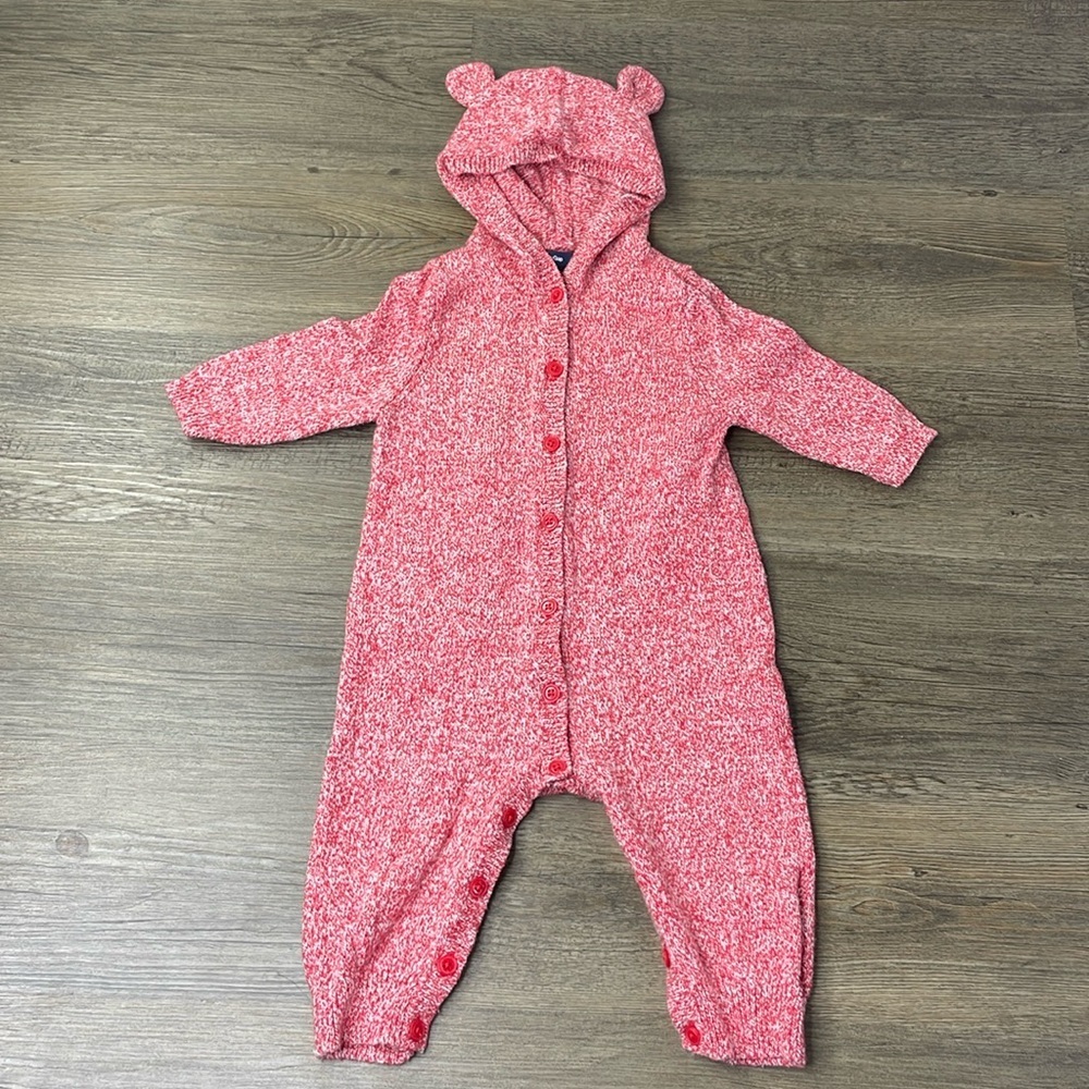 Gap Baby Red Heathered Hooded Bear Ears Winter Knit Romper Size 6-9 Months